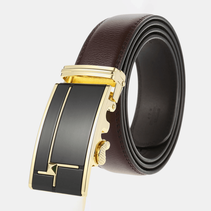 Men Genuine Leather Rectangular Alloy Automatic Buckle 3.5 CM Casual Business Wild Belt - MRSLM