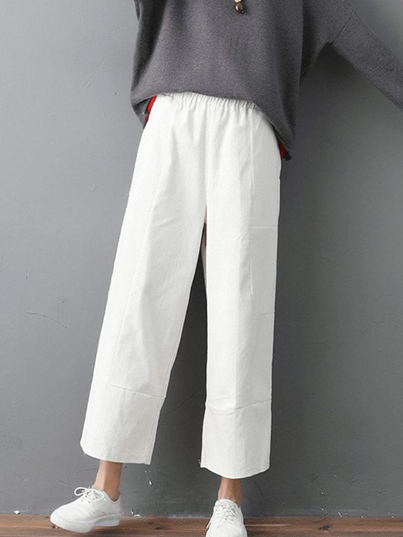 Women Pure Color Elastic Waist Pockets Corduroy Pants - MRSLM