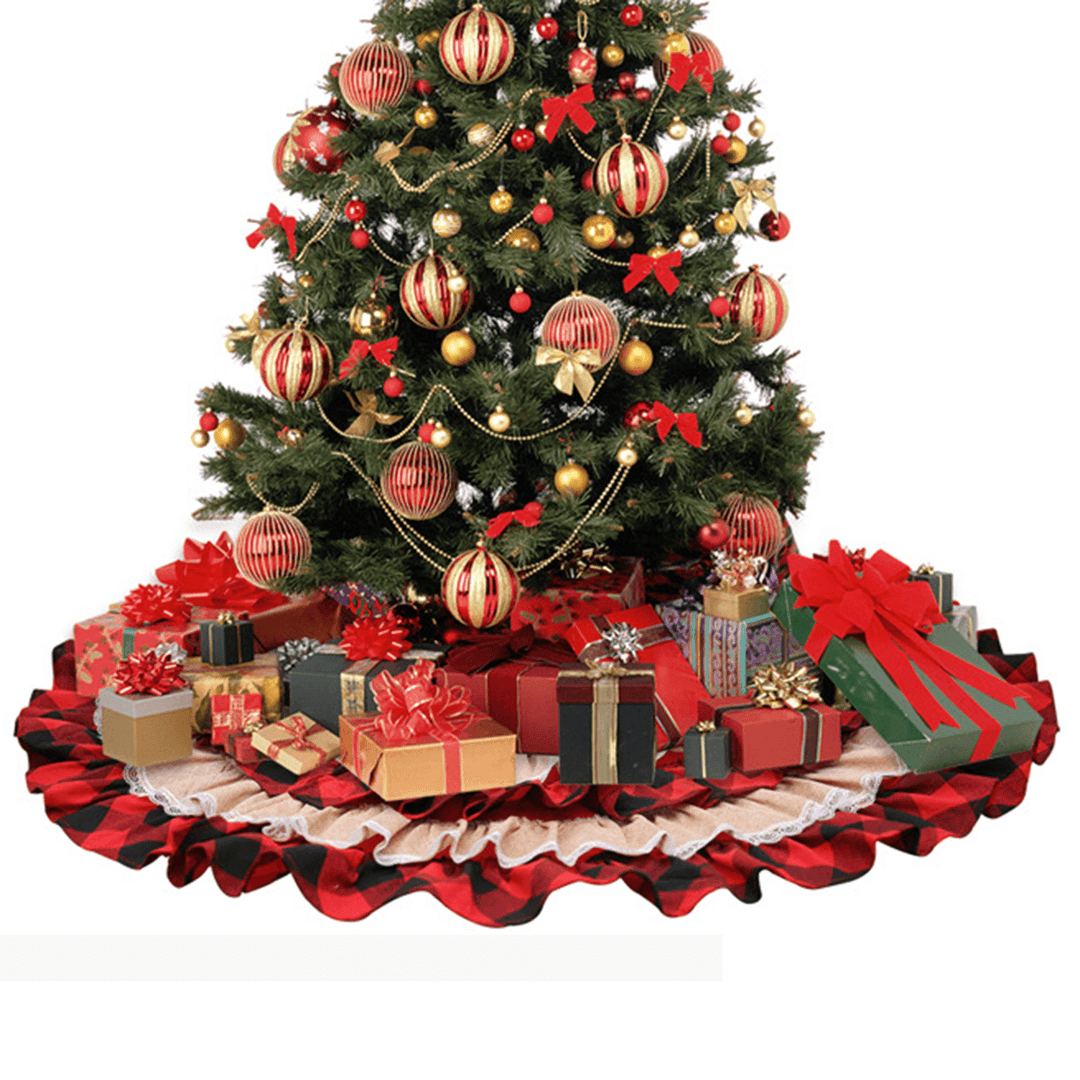 2020 Christmas Tree Skirts Red Cake Plaid Lace Carpet round Linen Apron New Year Blanket Home Parties Decoration - MRSLM