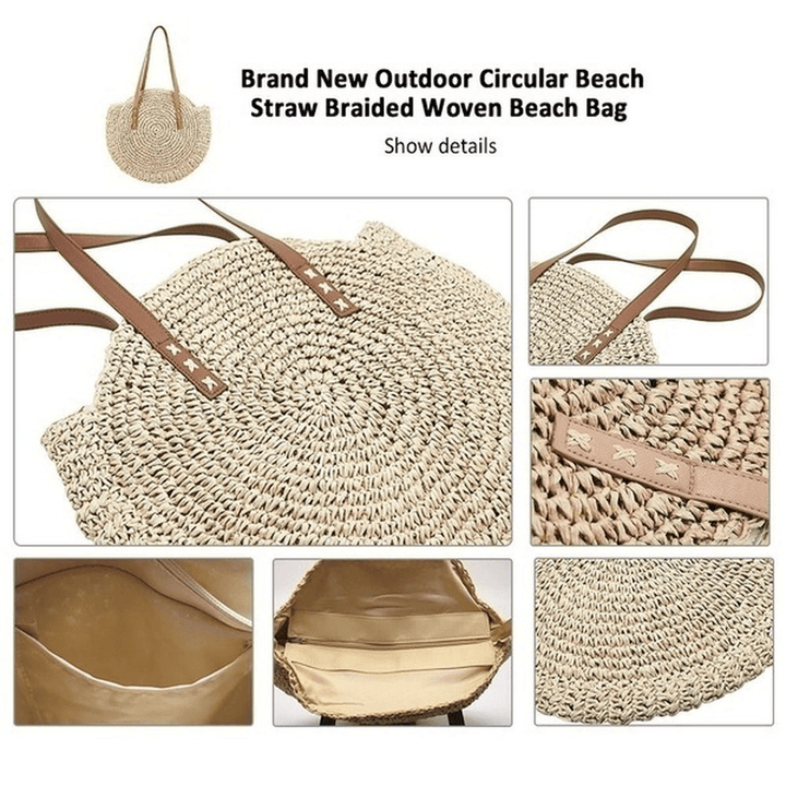 Women Leisure round Straw Bag Woven Beach Bag Shoulder Bag - MRSLM