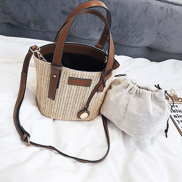 Straw Beach Bag Bucket Bag Handbag Shoulder Bag for Women - MRSLM