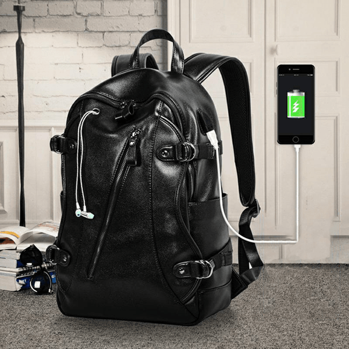 MK Men Faux Leather Fashion Leisure Backpack USB Charging Travel Bag - MRSLM