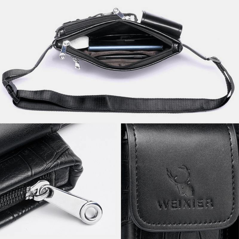 Men PU Leather Multi-Pocket Wear Resistant Chest Bag Waist Bag Headphone Hole Design 6.5 Inch Phone Bag Crossbody Bags - MRSLM