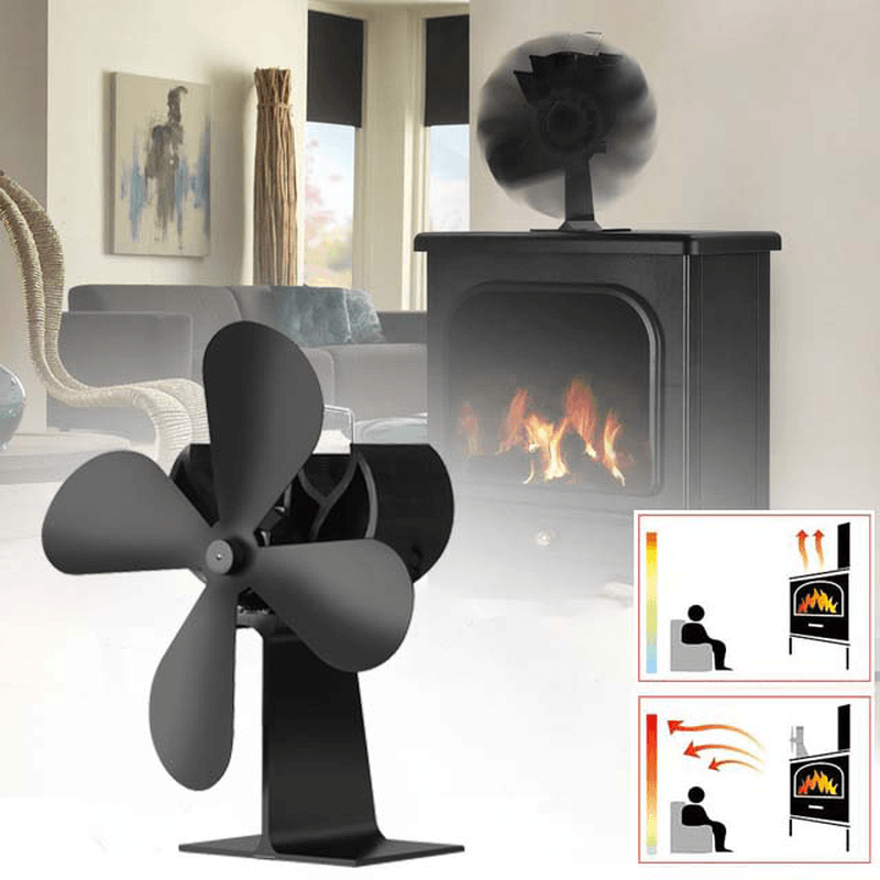 2 Pcs Ipree® FFAN01 4 Blade Fireplace Fan Eco Friendly Quiet Winter Thermal Heat Power Fan Wood Burner Stove Fan Home Travel - Black - MRSLM