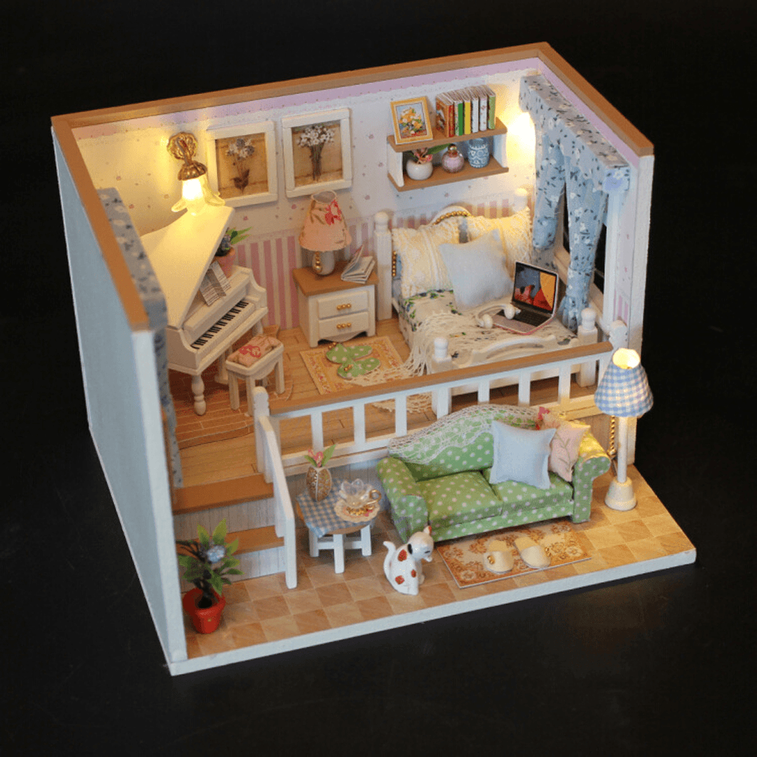 Wooden Multi-Style 3D DIY Handmade Assemble Doll House Miniature Kit with Furniture LED Light Education Toy for Kids Gift Collection - MRSLM