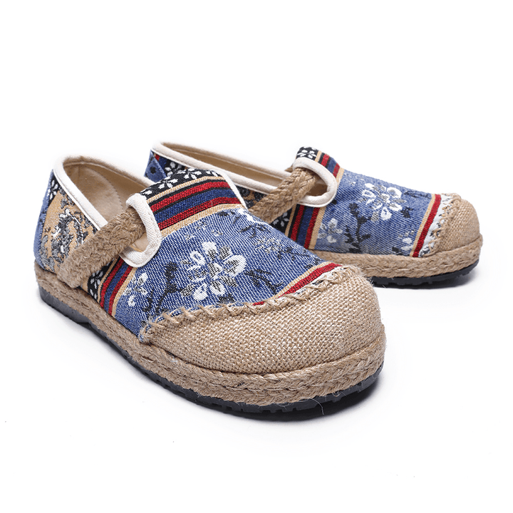 Women Linen Old Peking Printing Stricing Slip on Loafers - MRSLM