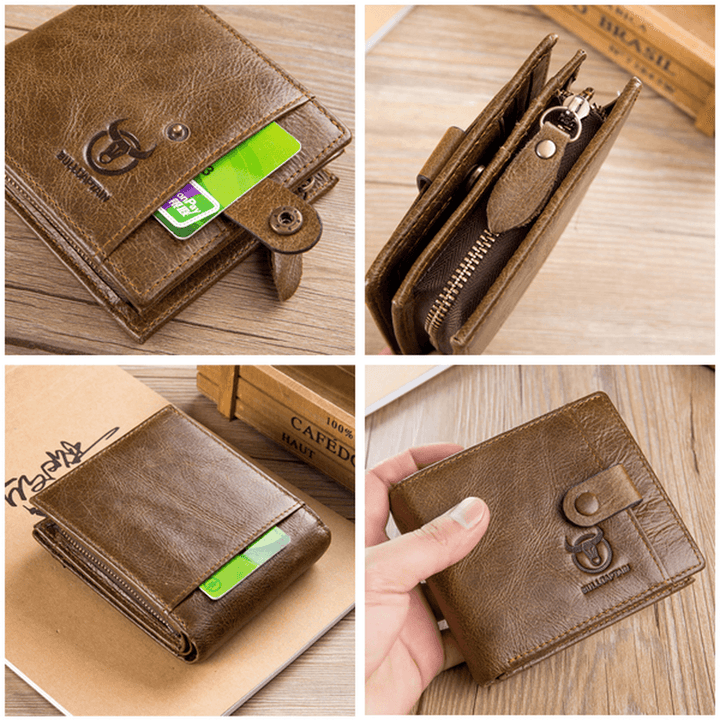 Bullcaptain Men Cowhide Retro 9 Card Photo Slots Zipper Coin Bag Long Purse Short Wallet - MRSLM