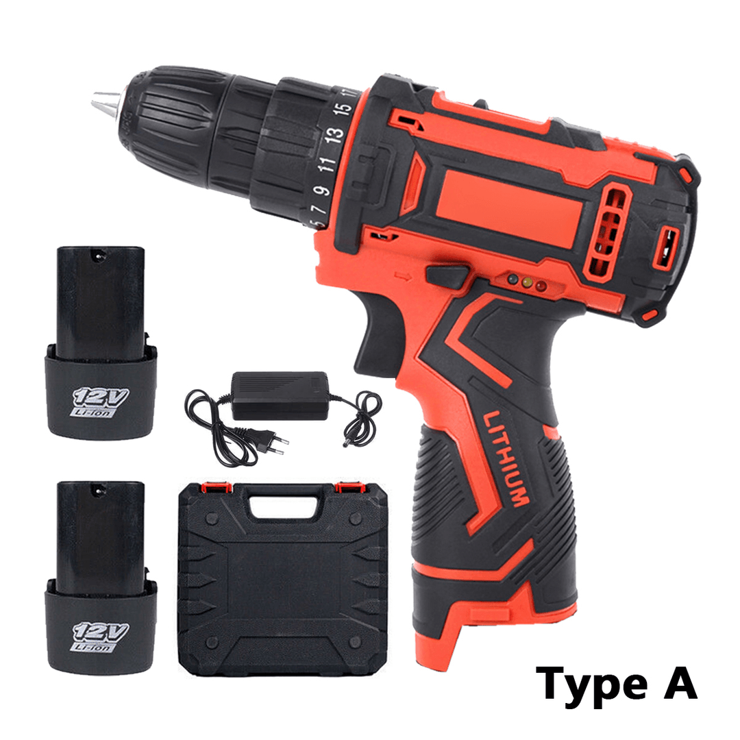 12V Electric Drill Cordless Wireless Rechargeable Electric Screwdriver Drill Set LED W/ 1/2 Batteries Wood Metal Plastic Drilling Tool - MRSLM