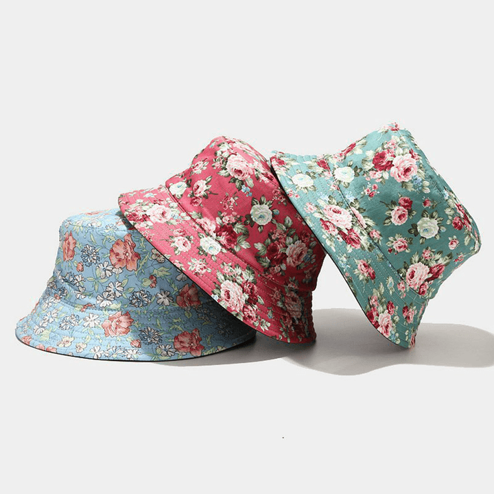 Women Double-Sided Summer UV Protection Floral Pattern Casual Outdoor Sun Hat Bucket Hat - MRSLM