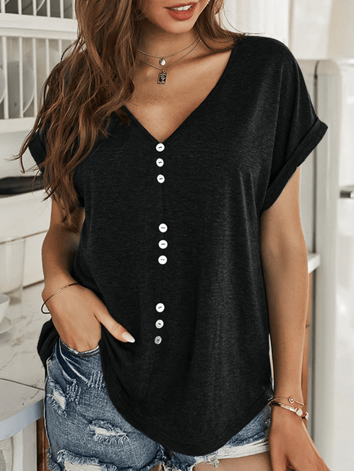 Loose Solid V-Neck Button Short Sleeve Loose Blouse - MRSLM