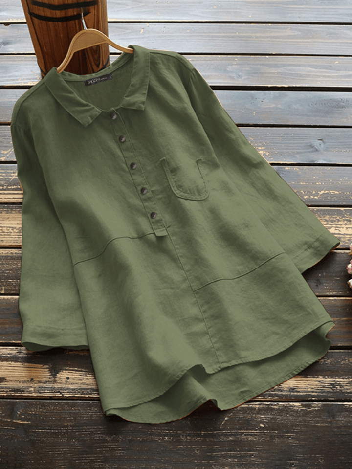 Women Cotton Solid Color High-Low Hem 3/4 Sleeve Button Casual Blouse - MRSLM