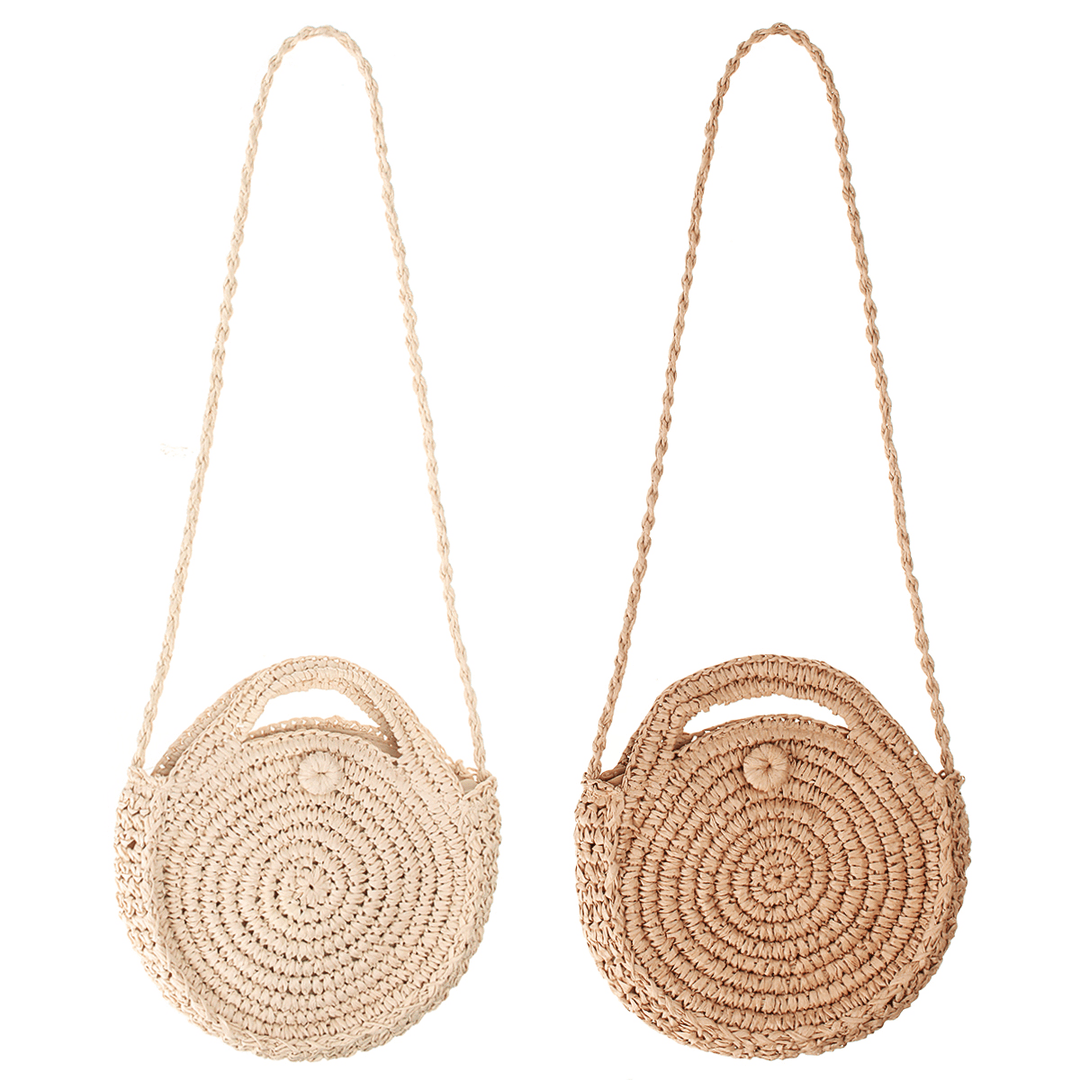 Round Straw Bag Beige White Women Rattan Circle Handwoven Shoulder Bag Crossbody Bag - MRSLM