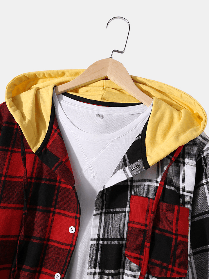 Mens Plaid Patchwork Long Sleeve Chest Pocket Drawstring Hooded Shirts - MRSLM