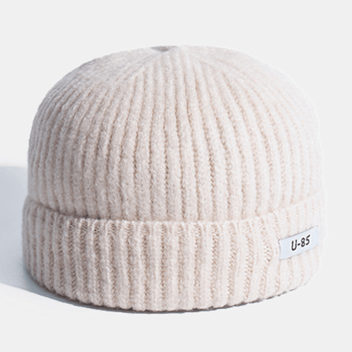 Unisex Acrylic Knitted Solid Color Cloth Label Dome All-Match Brimless Beanie Landlord Cap Skull Cap - MRSLM