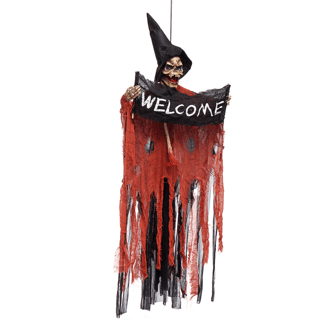 Halloween Tools Scary Welcome Sign Hanging Skeleton Voice Lights Eyes for Halloween Decorations - MRSLM