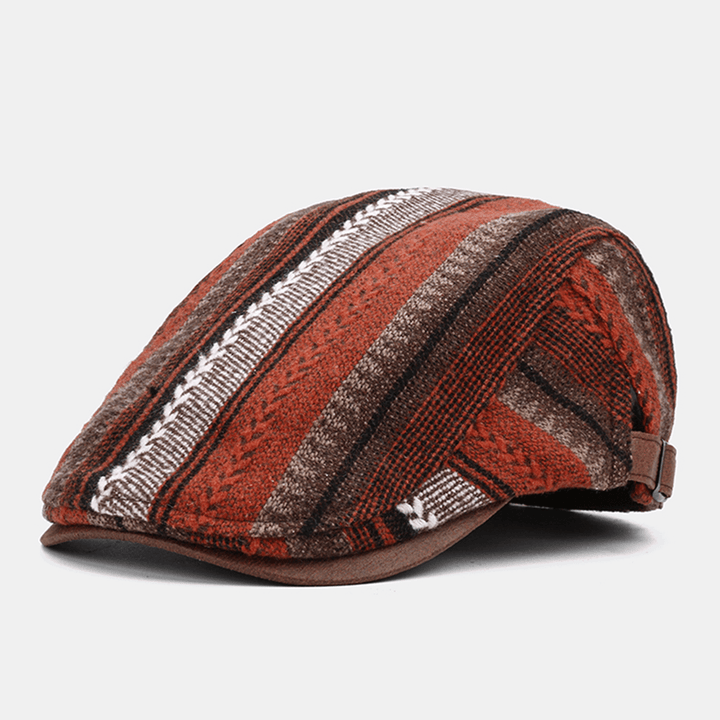 Collrown Men Knit Stripe Pattern Patchwork Retro Casual Outdoor Forward Hat Beret Hat - MRSLM