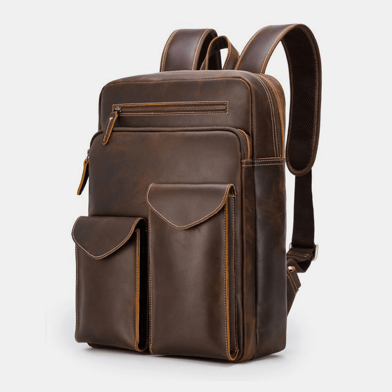 Men Genuine Leather Large Capacity Retro Casual Fashion 14 Inch Laptop Bag Travel Bag Business Backpack - MRSLM