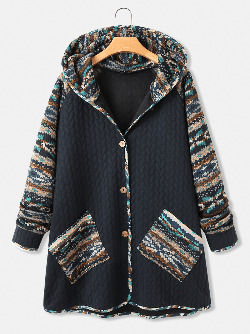 Women Vintage Ethnic Pattern Print Patchwork Hooded Coat with Pocket - MRSLM