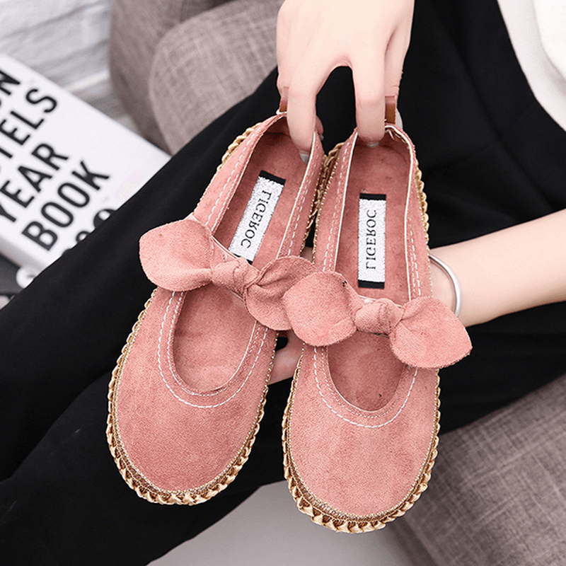 Women Bowknot round Toe Slip-On Suede Outdoor Flat Casual Shoes - MRSLM