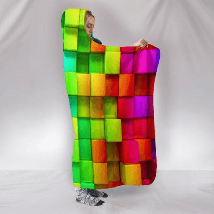 Warm 3D Colored Cubes Hooded Blankets Wearable Soft Towel Plush Mat for Adult Kid - MRSLM