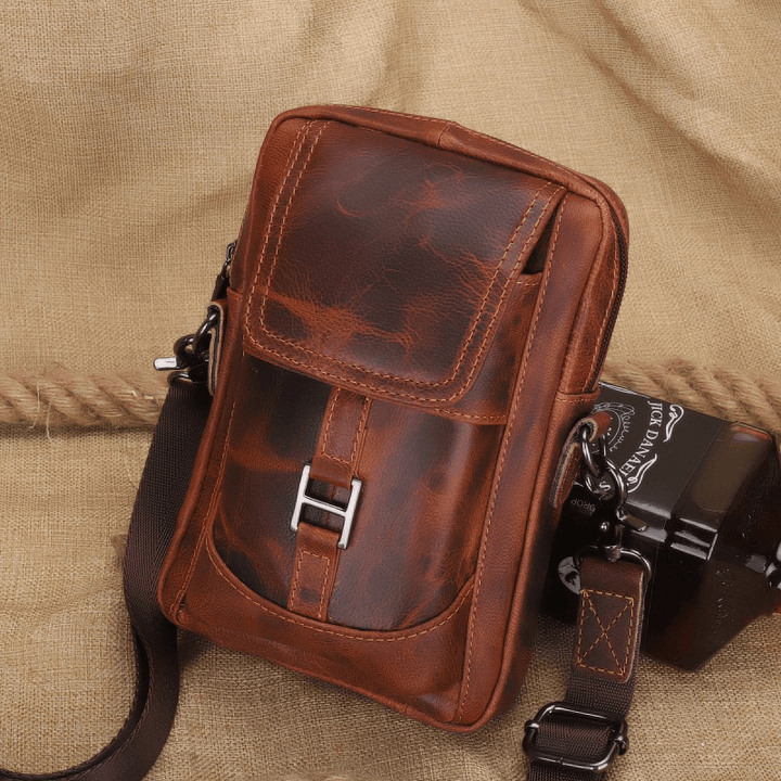 Men Genuine Leather Multifunction Lightweight Crossbody Bag Multi-Pocket Belt Bag Phone Bag - MRSLM