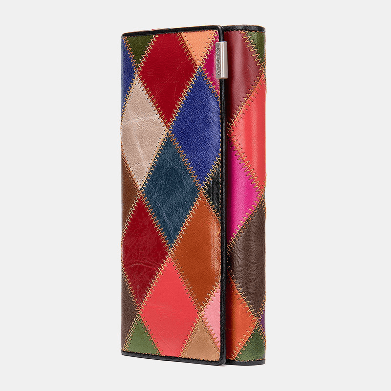 Women Genuine Leather Bifold Colored Geometric Pattern Multi-Card Slot Card Case Money Clip Coin Purse Long Clutch Wallets - MRSLM