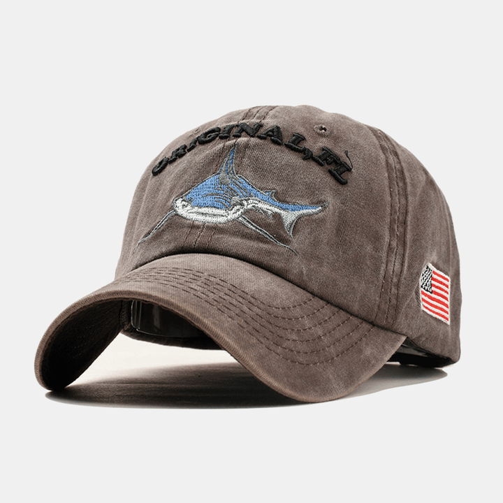 Men Women Denim Sunshade Hat Embroidered Letter Shark Washed Baseball Cap - MRSLM