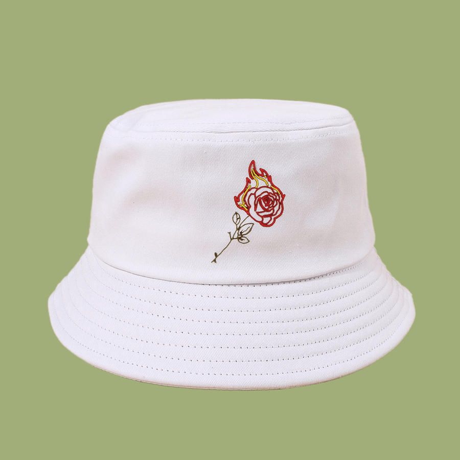 Unisex Flame Rose Embroidery Sun Hat Cotton Simple Sunscreen Bucket Hat - MRSLM