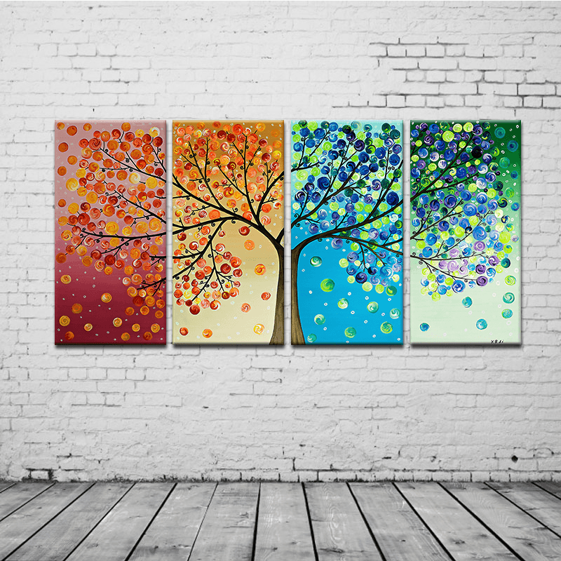 Miico Hand Painted Four Combination Decorative Paintings Four-Color Life Tree Wall Art for Home Decoration - MRSLM