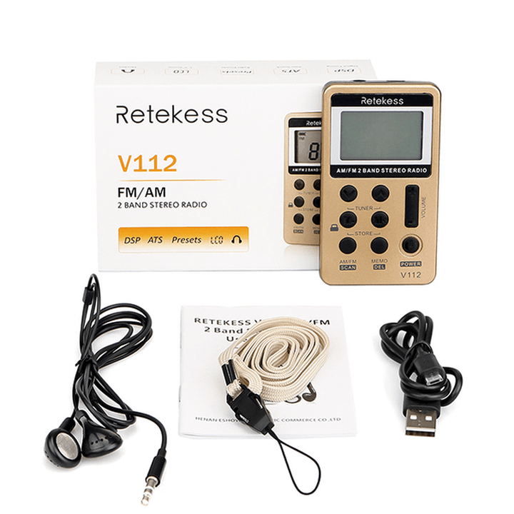 Retekess V-112 Gold Portable AM FM Stereo Radio with Earphones Pocket Mini Digital Tuning Rechargeable Battery Operated Radio LCD Display Radio for Walk - MRSLM