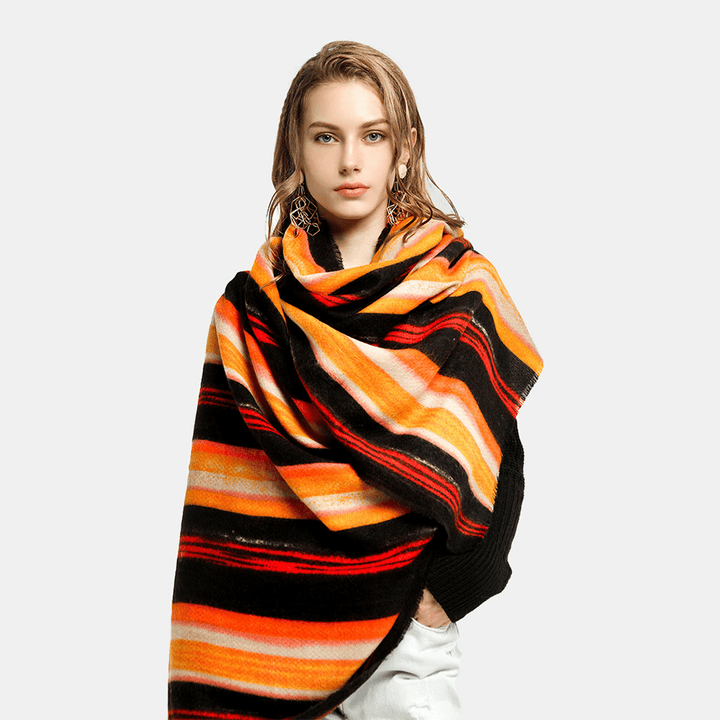 Women Autumn Winter Warm Comfortable Shawl Dual-Use Rainbow Pattern Striped Print Long Tassel Scarf - MRSLM