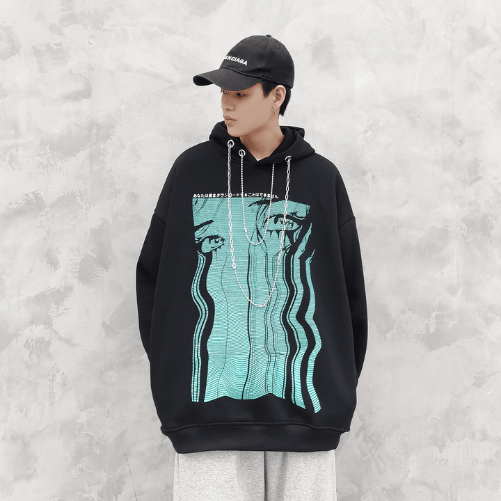 Retro Teary Geometric Print Hip Hop plus Fleece Hooded Sweatshirt - MRSLM