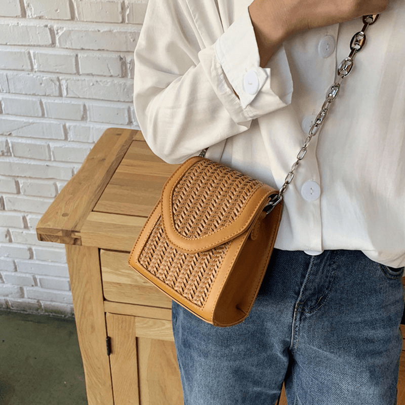 Women Summer Flap Straw Chain Crossbody Bag Shoulder Bag - MRSLM