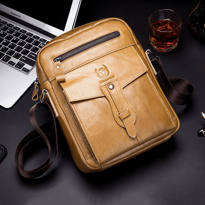 BULLCAPTAIN Men Genuine Leather Business Retro Solid Color Crossbody Bag Shoulder Bag - MRSLM