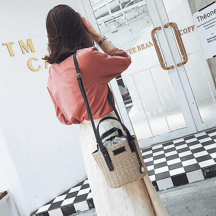 Straw Beach Bag Bucket Bag Handbag Shoulder Bag for Women - MRSLM