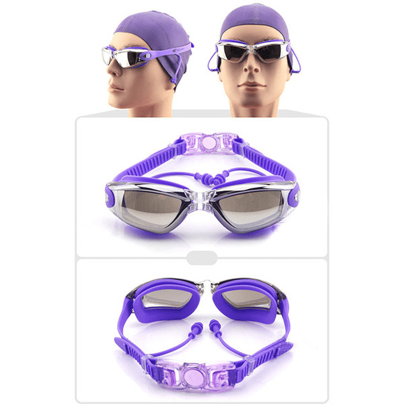 Swimming Goggles with Earplug Waterproof anti Fog Mirrored Large Frame HD Goggles for Men Women - MRSLM