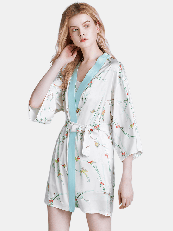 Flora Printed Sling Three-Piece Short Pajama Set with Robe Sleepwear - MRSLM