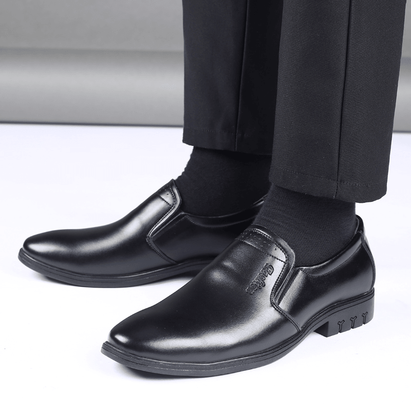 Men Cowhide Leather Pointed Toe Soft Bottom Slip on Business Casual Dress Shoes - MRSLM