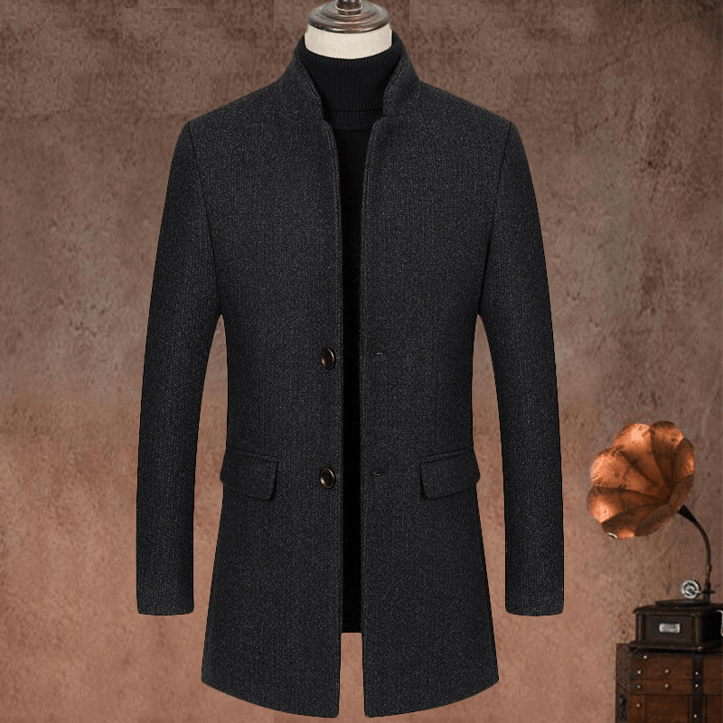 Stand up Collar Mid Length Woolen Slim Fit Wool Coat - MRSLM