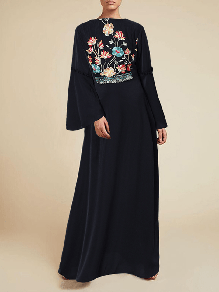 Floral Embroidery Lace Patchwork Flare Sleeve Back Zipper Bohemian Maxi Dress for Women - MRSLM