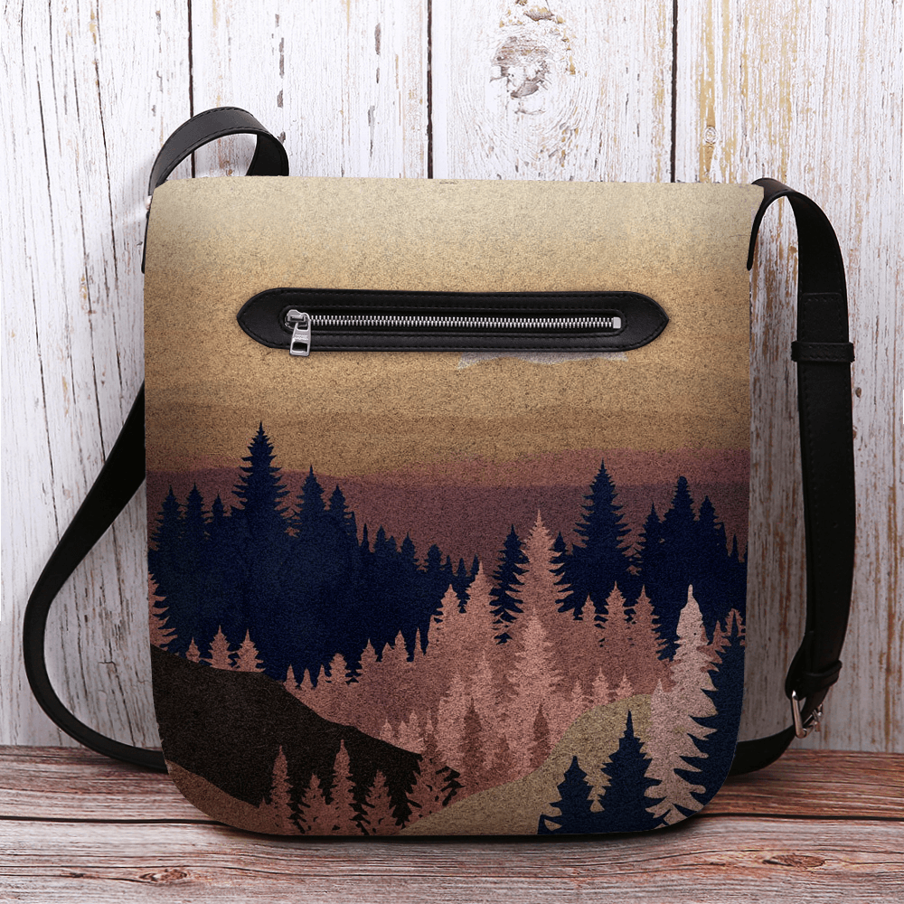Women Felt Ladies Mountain Treetop Print Pattern Multi-Carry Personality Shoulder Bag Crossbody Bag - MRSLM