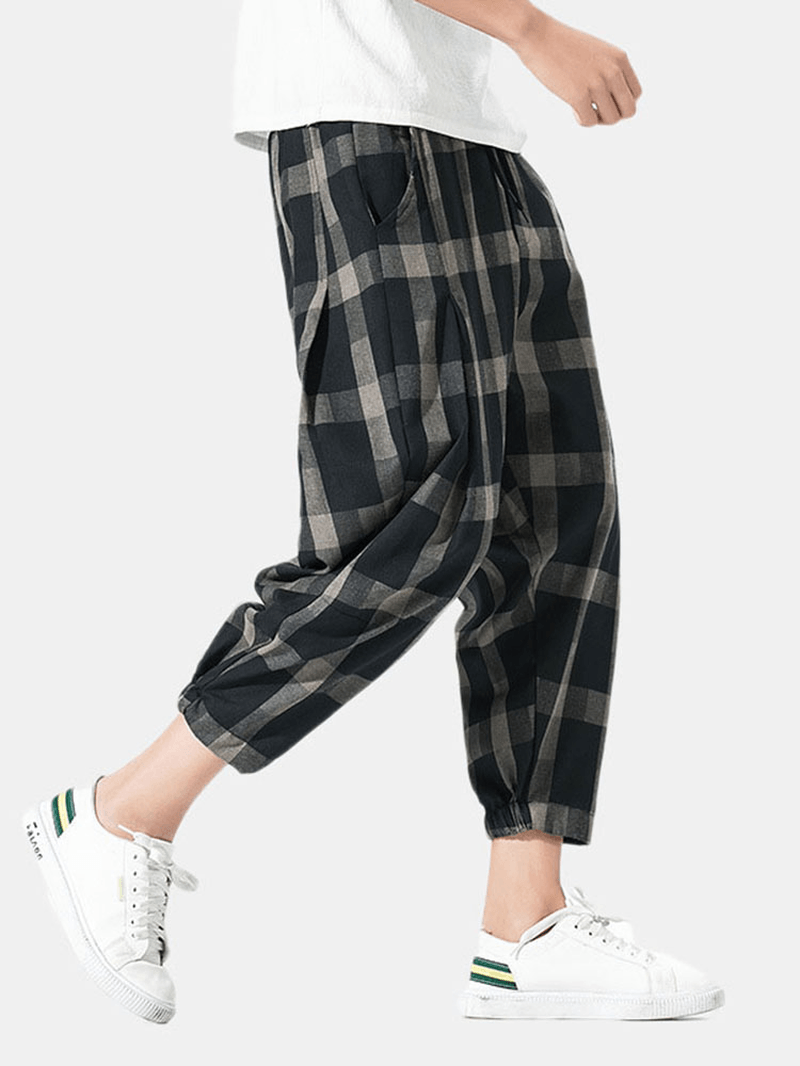 Men Linen Checked Drawstring Harem Pants - MRSLM