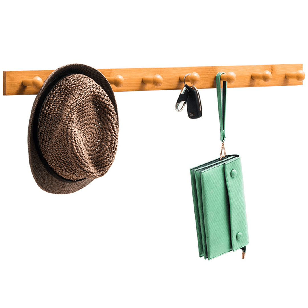 Coat Hanger Wall Mounted Rack Rail Hook Bamboo Wooden Shelf Clothes Hat Towel Holder - MRSLM