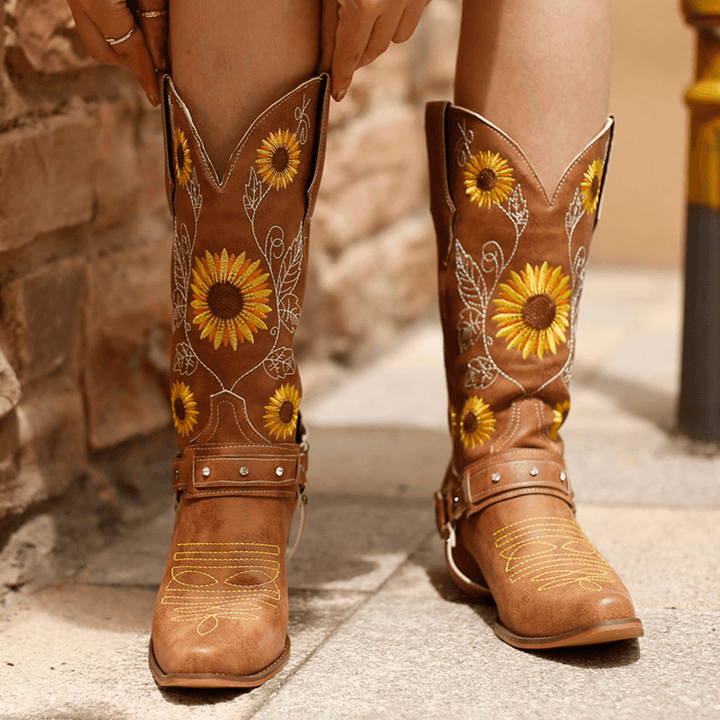 Women Retro Sunflowers Pattern Pointed Toe Chunky Heel Harness Cowboy Boots - MRSLM