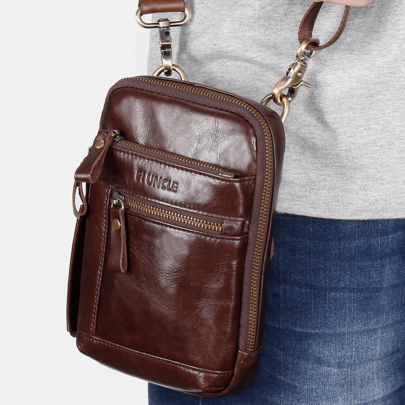 Men Genuine Leather Multi-Layer Crossbody Bag Waist Belt Bag Shoulder Bag Phone Bag - MRSLM