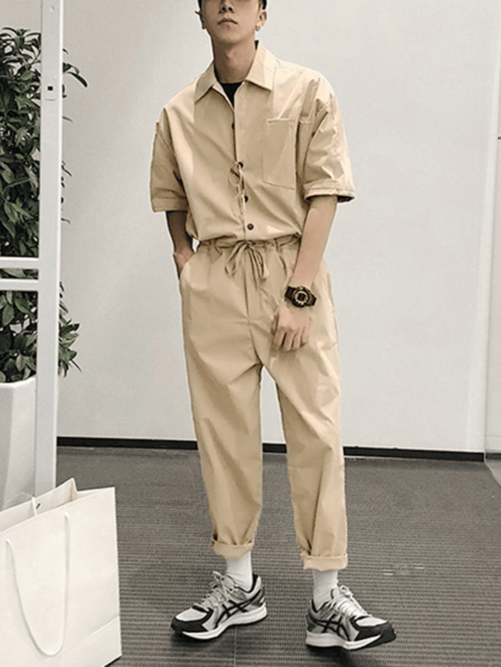 Men Solid Color Chest Pocket Drawstring Half Sleeve Rompers Pants - MRSLM