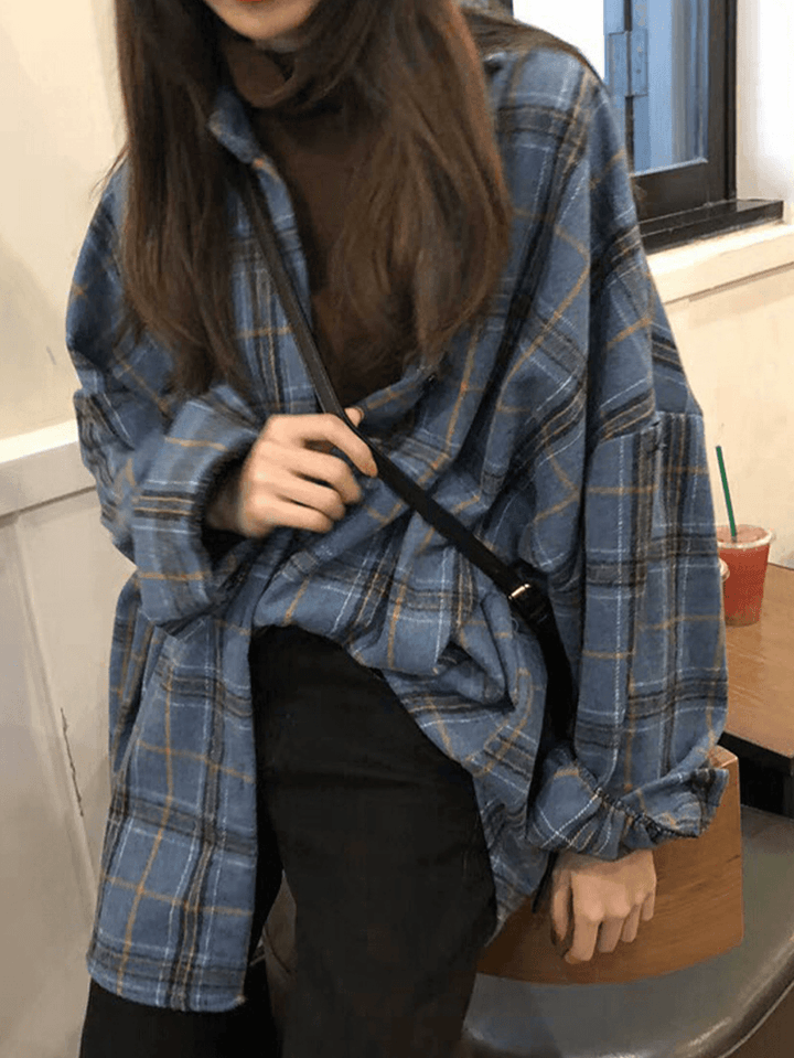 Women Plaid Print Lapel Long Sleeve Warm Vintage Shirts - MRSLM