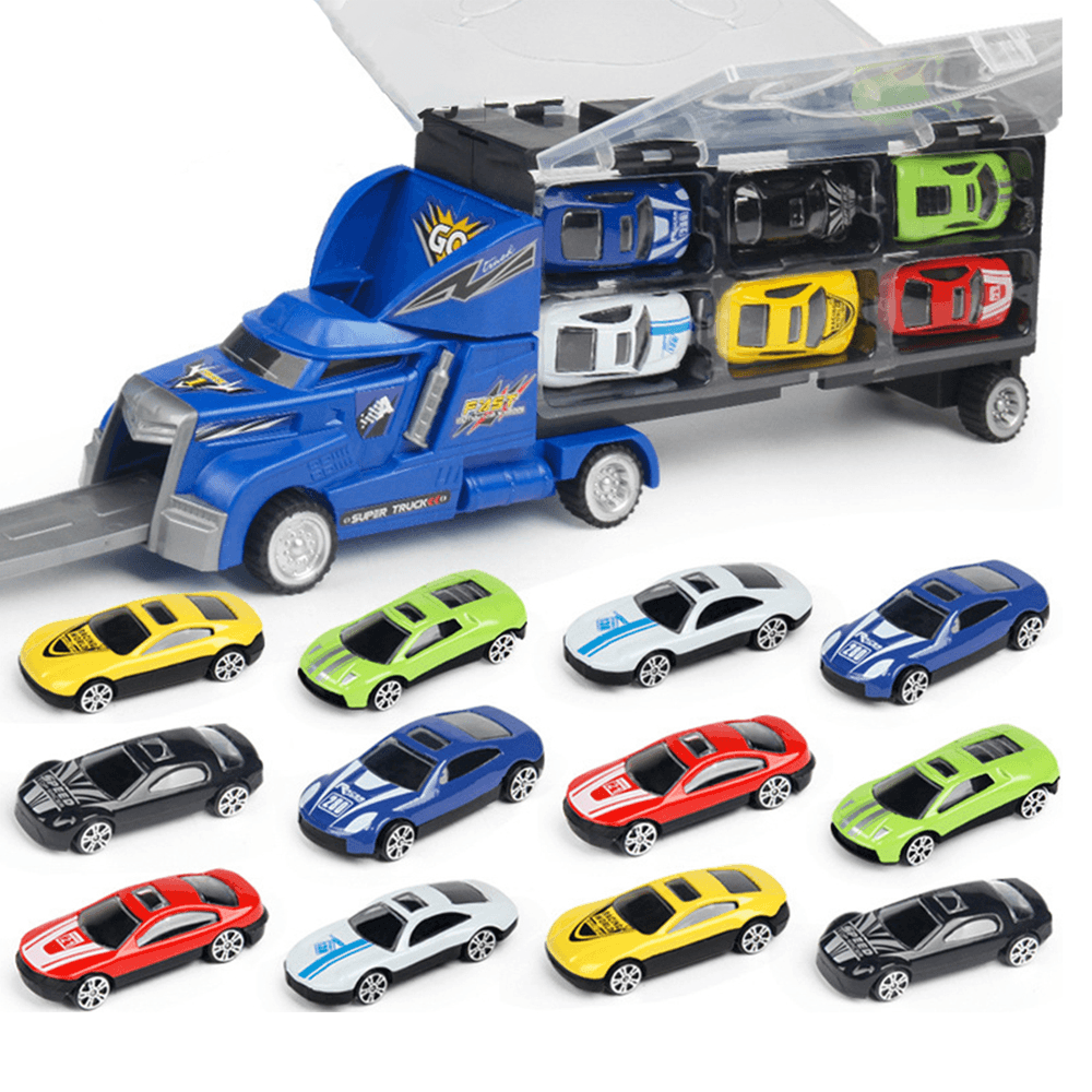 12 Pcs Kid Car Model Set Truck Simulation Track Vehicle Toys Alloy Cars+Cartoon Car+Storage Truck Children Toys Gift - MRSLM