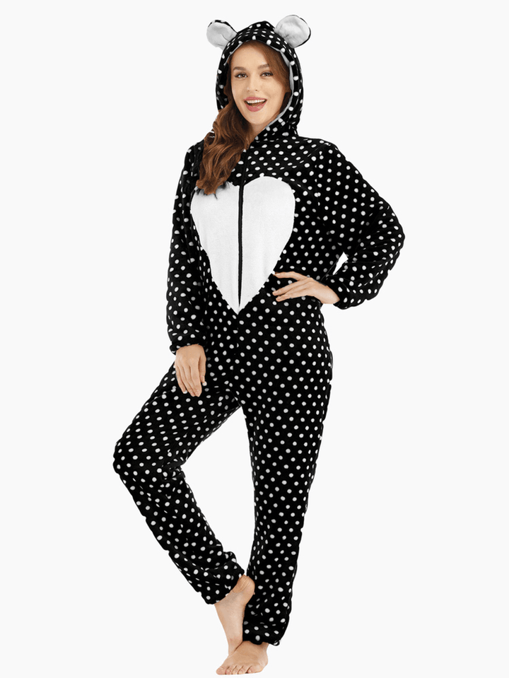 Flannel Front Zip Polka Dot Onesie Long Sleeve Animals Pajama Set - MRSLM