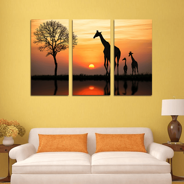 Miico Hand Painted Three Combination Decorative Paintings Giraffe in the Sunset Wall Art for Home Decoration - MRSLM